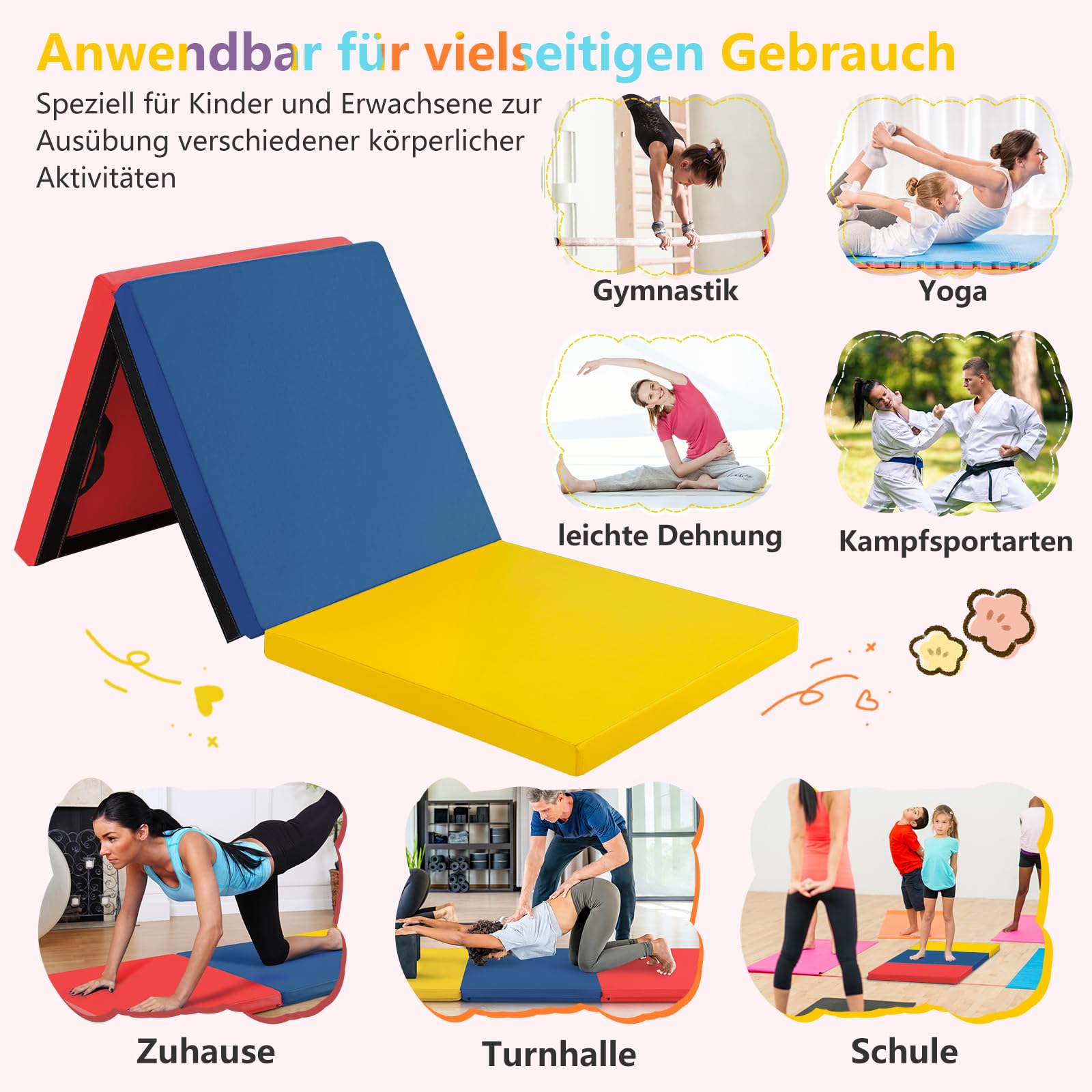 GOPLUS Weichbodenmatte, 180 x 60 x 5 cm Yogamatte rutschfest mit Klettverschlüssen & Tragegriffen, Gymnastikmatte klappbar aus Kunstleder, Turnmatte zum Trainieren von Gymnastik & Yoga