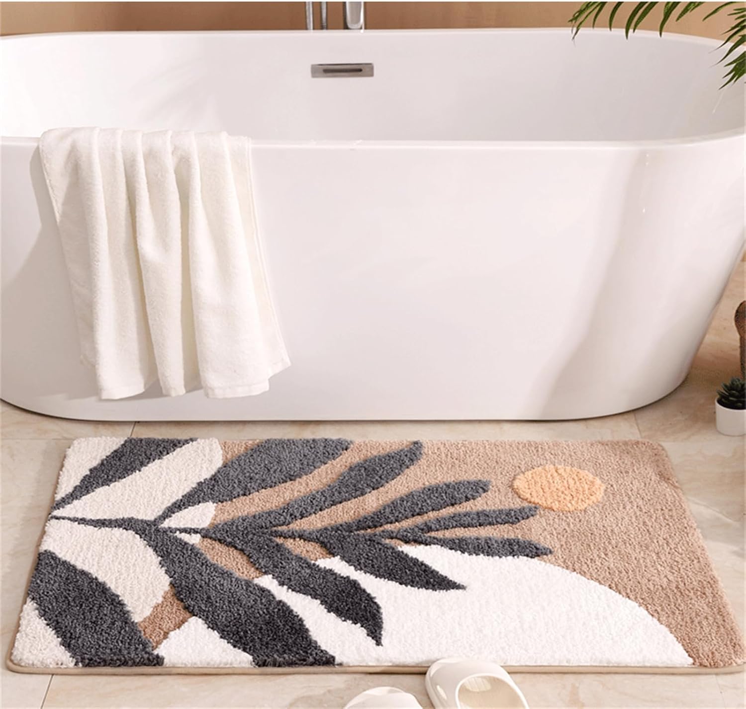 Bath mat Rug Boho Plant Abstract Art Brown Washable Bathroom Rugs,Non-Slip Shaggy Water Absorbent Flocking Microfiber Soft Fluffy Botanical Bathmats Doormats Rectangle Small 15x23 inch - Image 3