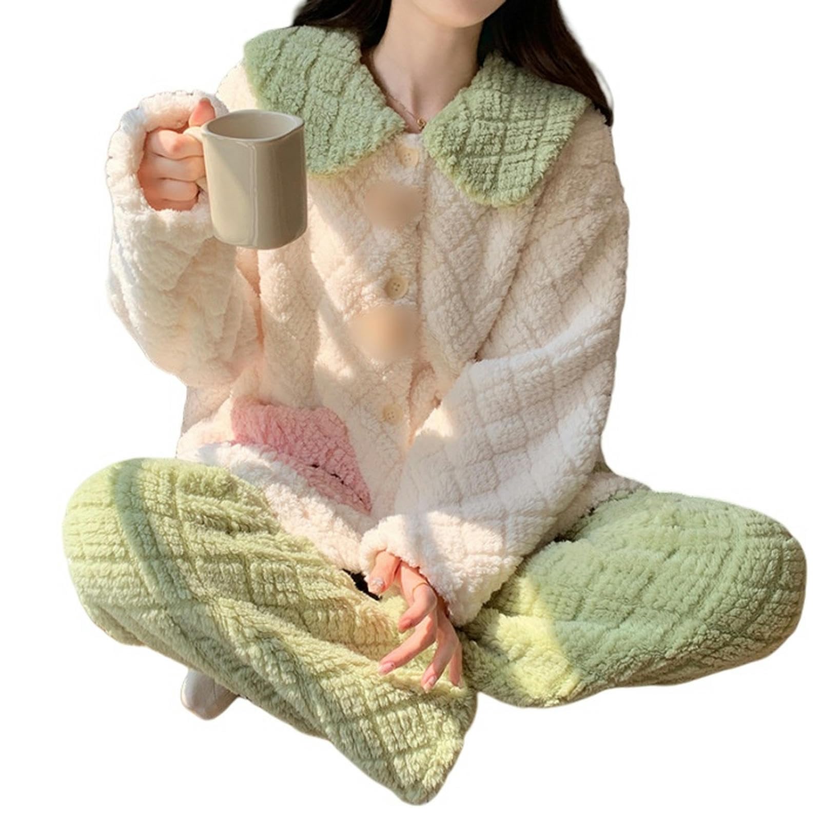 Pigiama Pantaloni Invernali Sweet Girl Case Abiti da Casa Abito A Manica Lunga Grande Bavaglio Jacquard Cardigan Pigiama Femmina-Matcha Green-m