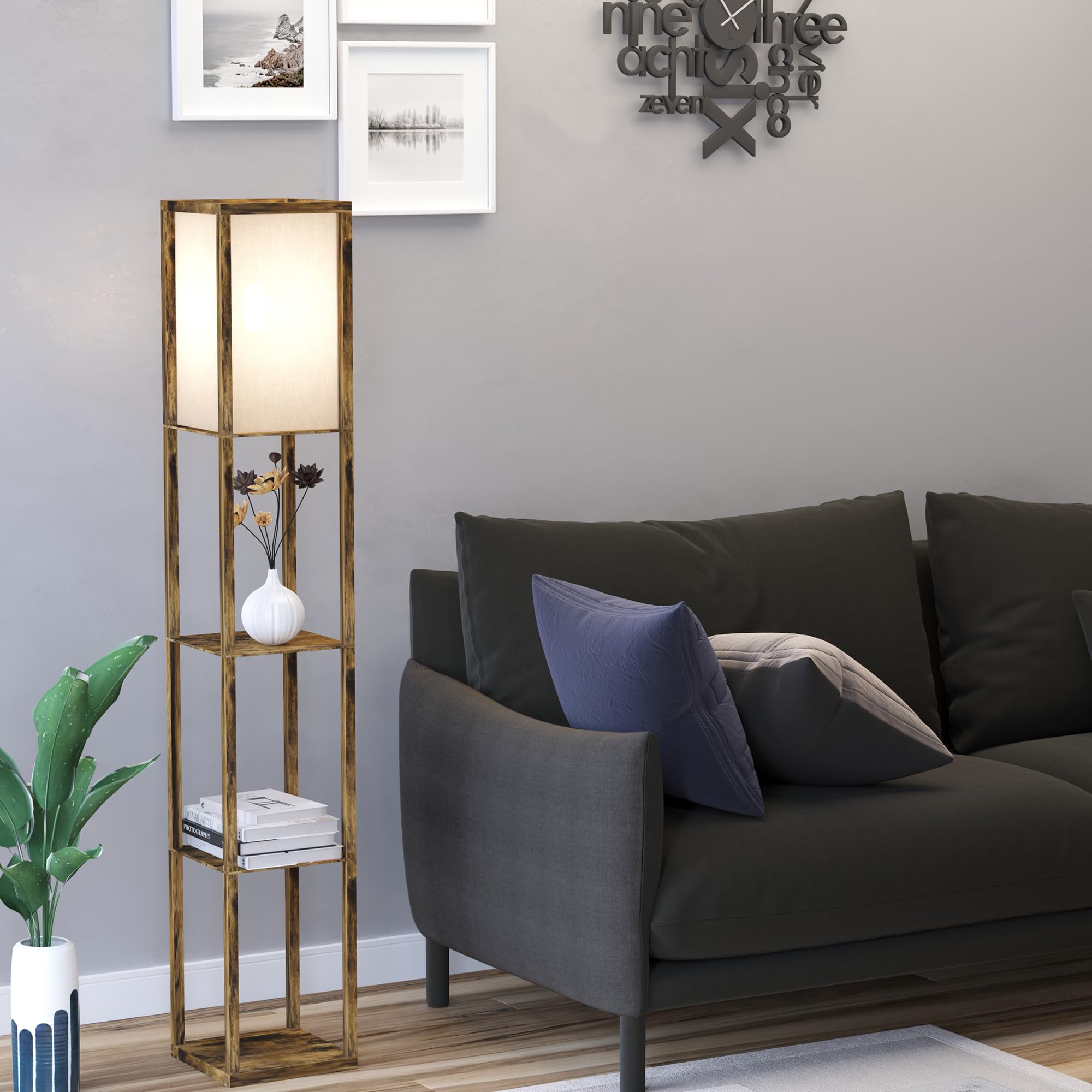 HOMCOM Lampada da Terra Piantana 40W con 3 Scaffale, Attacco E27, Lampada da Pavimento Moderno con Paralume in Acrilico, Soggiorno, Salotto, Camera da Letto, Studio, Ufficio, 26x26x160cm, Color Legno