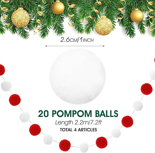 Miniatura 7 de 4 adornos para árbol de Navidad, guirnalda de bolas de pompón rojoblanco de 7.2 pies, guirnalda de bolas de fieltro de lana para colgar árbol de