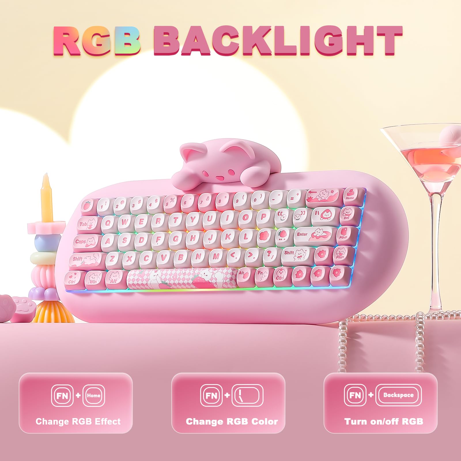YUNZII C68 Teclado Mecánico Inalámbrico, 65% Teclado Gaming Hot Swap PBT, Tri-Mode BT5.0/2.4G/Wired, RGB Backlit NKRO, Silicone Kawaii Cat Ergonomic Teclado Mecanico for Win/Mac (Milk Switch, Rosa)