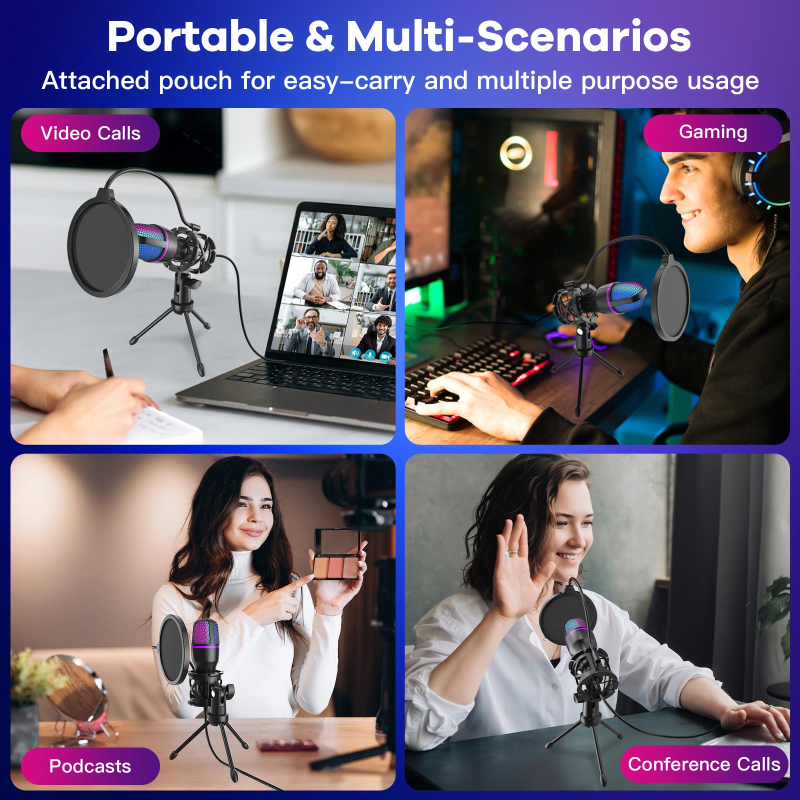 Microfono USB da gioco per PC - Microfono a condensatore RGB con treppiede, filtro pop, per streaming, podcast, chat online e videoconferenze