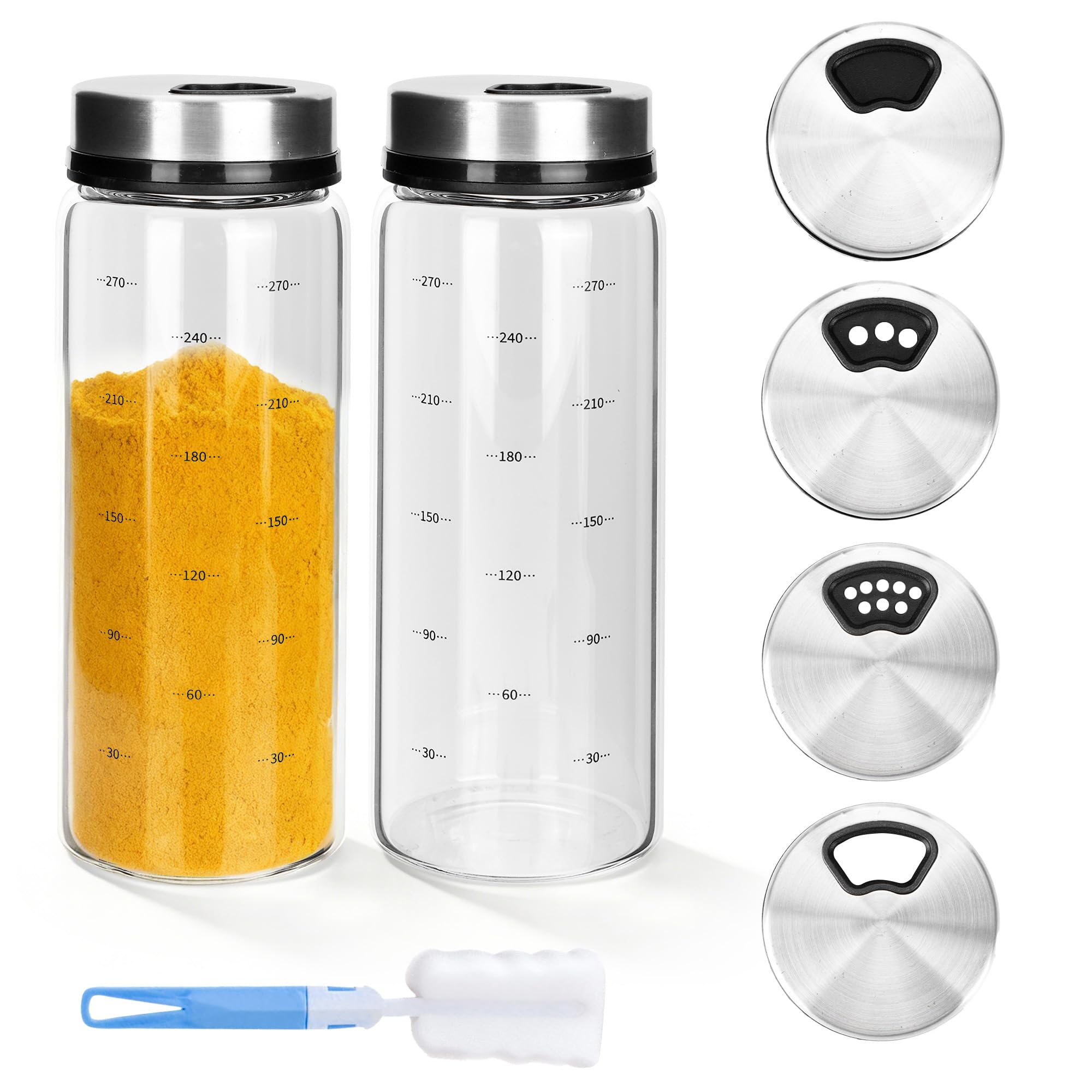 Axincardarm 2 Pcs 300ml Salt Pepper Shaker Clear Seasoning Shaker with Adjustable Pour Holes, Salt Pepper Shaker with Sponge Brush for Seasoning Kitchen Picnic