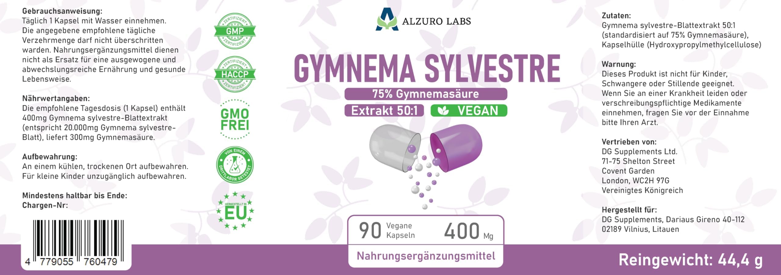 Gymnema Sylvestre | 20,000mg | Estratto 50:1 (400mg) (75% Acido Gymnemico) | 90 Capsule Vegane | GMP & Testato da Laboratorio Indipendente