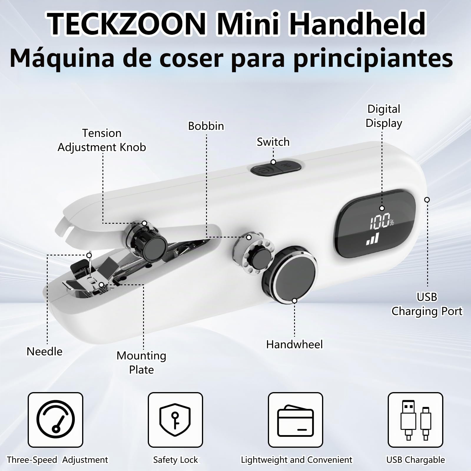 Máquina de coser eléctrica portátil con manivela recargable con bloqueo de seguridad e indicador de carga, 3 velocidades para coser con accesorios para principiantes, reparación rápida de ropa