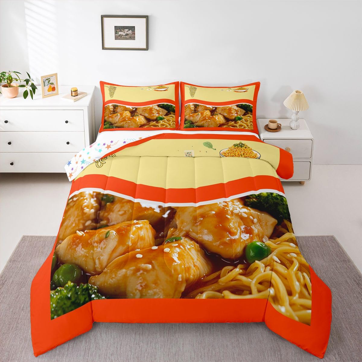 Feelyou Japanisches Ramen-Bettwäsche-Set, Queen-Size-Größe, gezogene Nudeln, für Kinder, Jungen, Mädchen, Dekoration, Schweinefleisch-Nudeln, Tröster, Mikrofaser, niedliches Bettbezug-Set