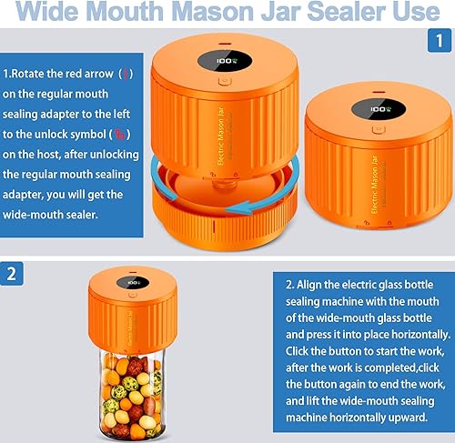 Miniatura 4 de Kit de sellado al vacío de tarro de masón eléctrico para boca ancha y tarro de masón de boca regular, color naranja