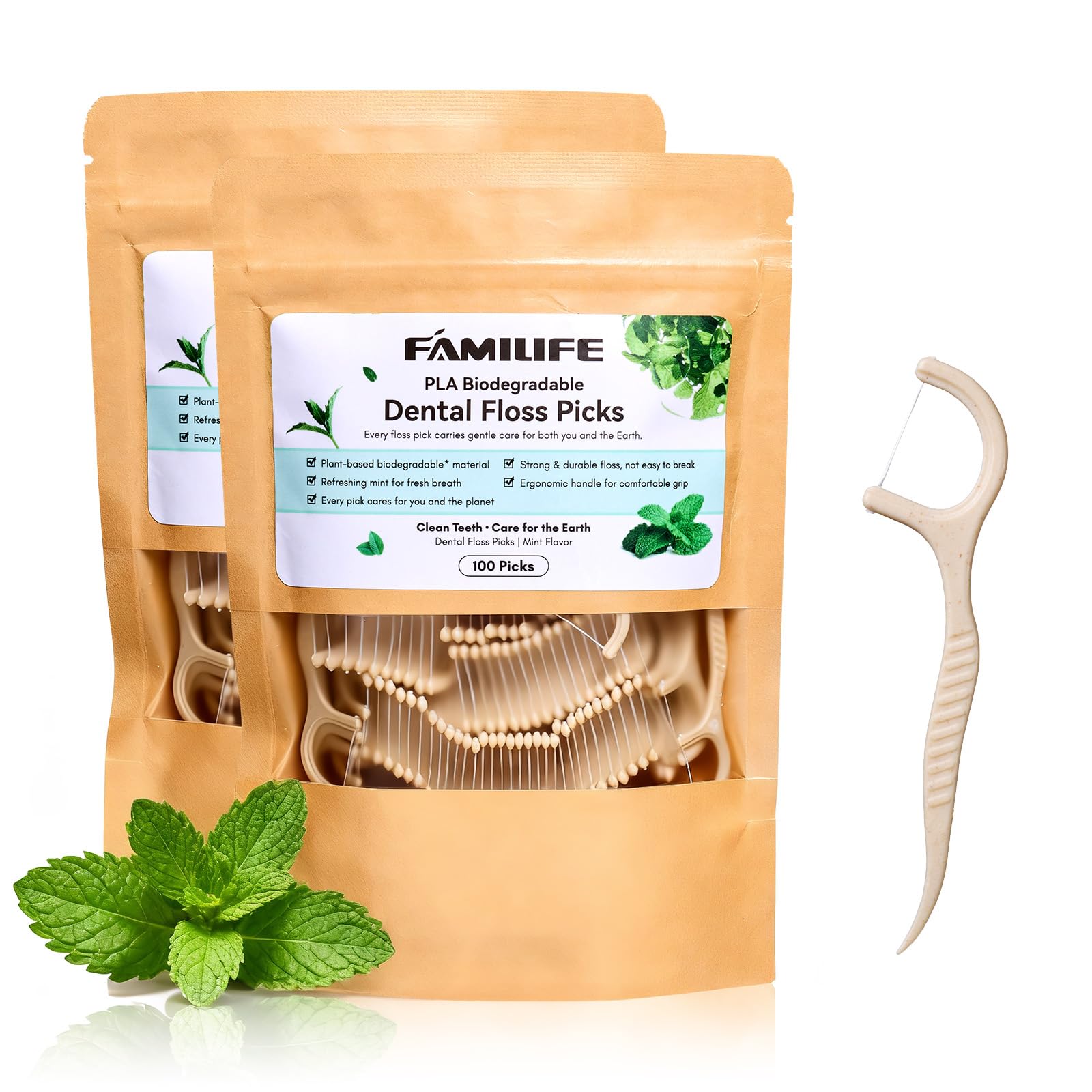 FAMILIFE Floss Picks, 200 Count Mint Plant Based Dental Floss Eco-Friendly