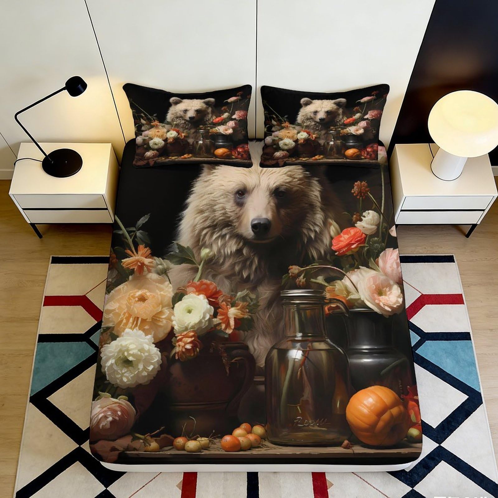 3D Printed Floral Bear Fitted Sheet Microfiber Deep Pocket Bedroom Bedding Floral Bear Mattress Fitted Cover Washable 180x200x25cm