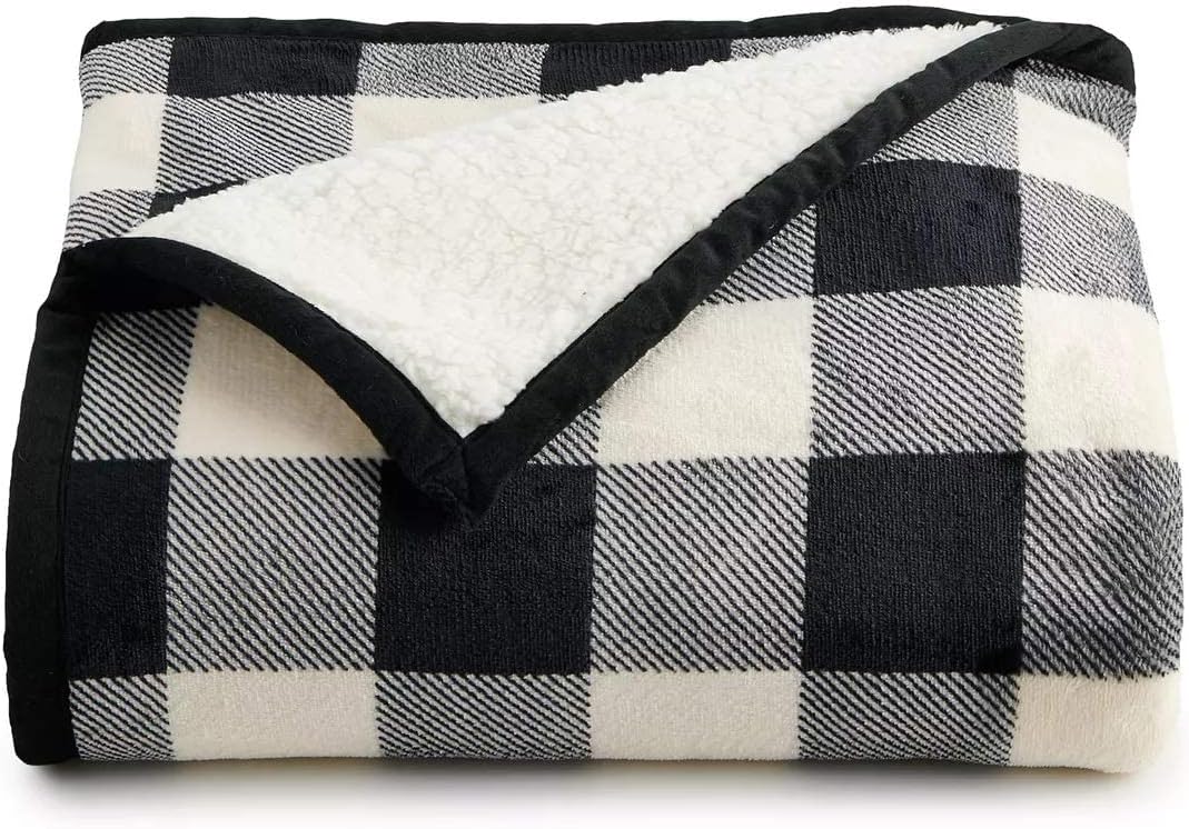 Cuddl Duds Plush Throw Sherpa Fleece (Black/Ivory Buffalo