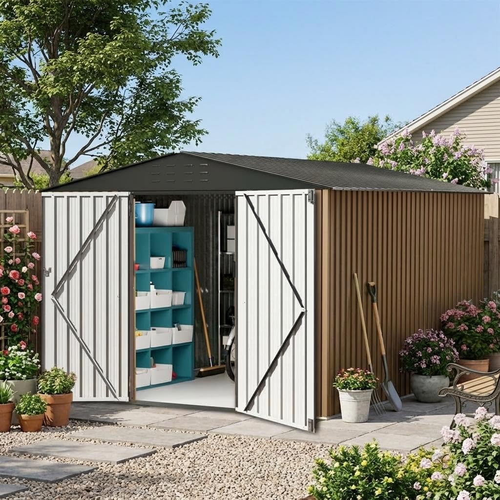 Photo 1 of ***PARTIAL SET - PRICE ADJUSTED*** Garvee 10x10ft Metal Shed, Outdoor Garden Tool Storage Shed with Lockable Doors, Large Metal Shed with Sturdy Frame Structure, for Backyard, Patio, Lawn, Brown