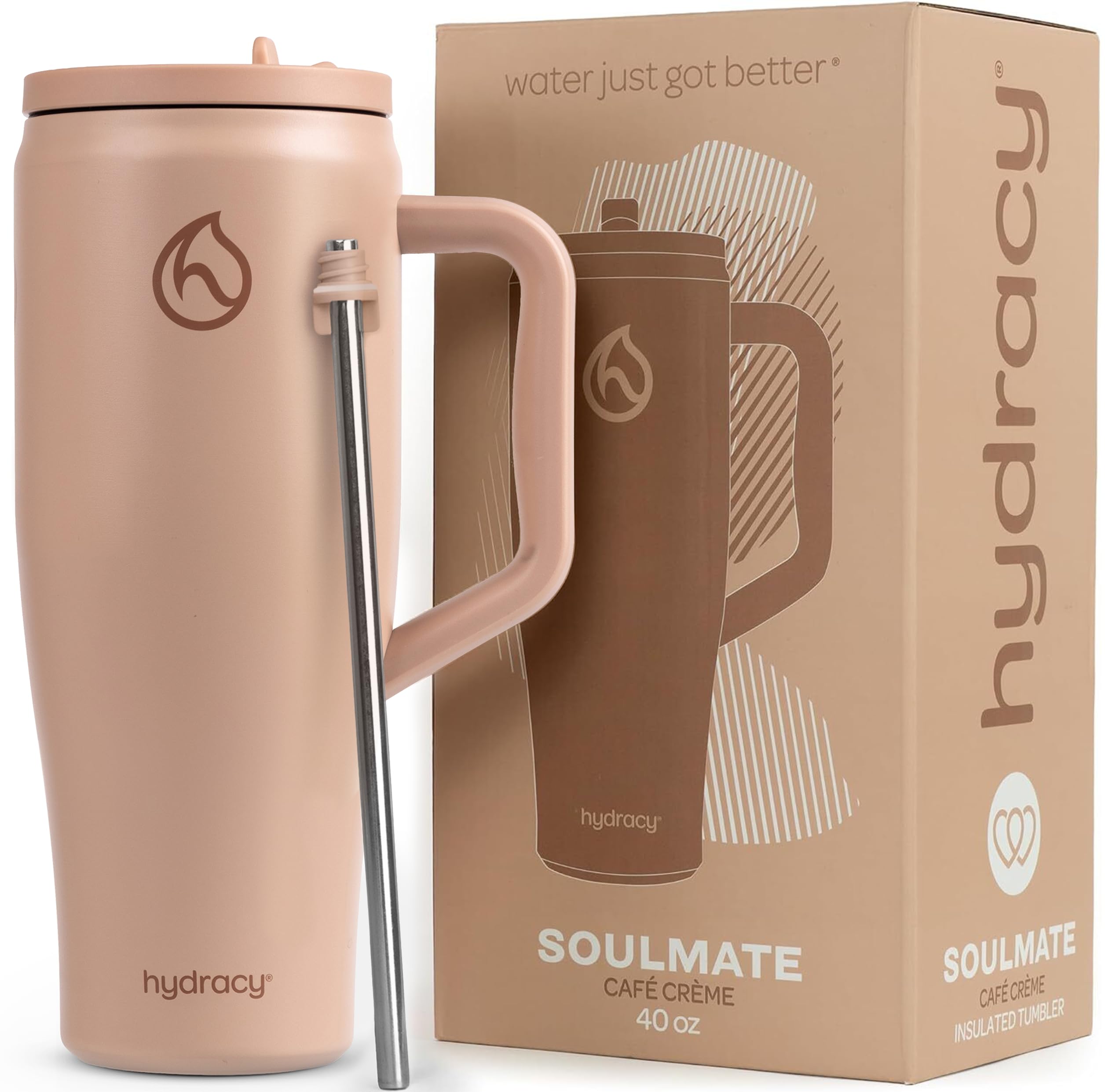 Hydracy Soulmate 1.18L Tumbler with Handle and Flip Straw - 100% Leakproof Insulated Water Bottle, Stainless Steel Tumbler with Non-Slip Rubber Base - Cupholder Friendly Travel Mug - Cafe Creme