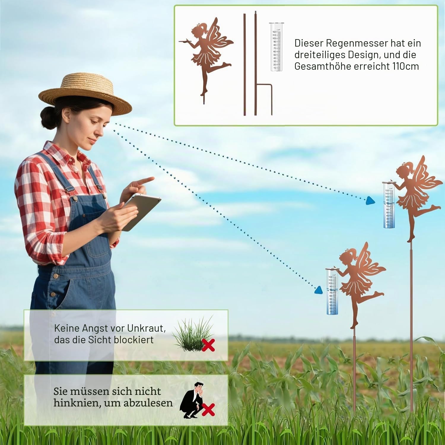 Regenmesser für Garten Niederschlagsmesser, Gartenstecker Elfe stehend Gartendeko 110cm mit stab, Regenwassermessung Rain Gauge Outdoor für Hof,Rasenweg,Durchgang,Terrasse