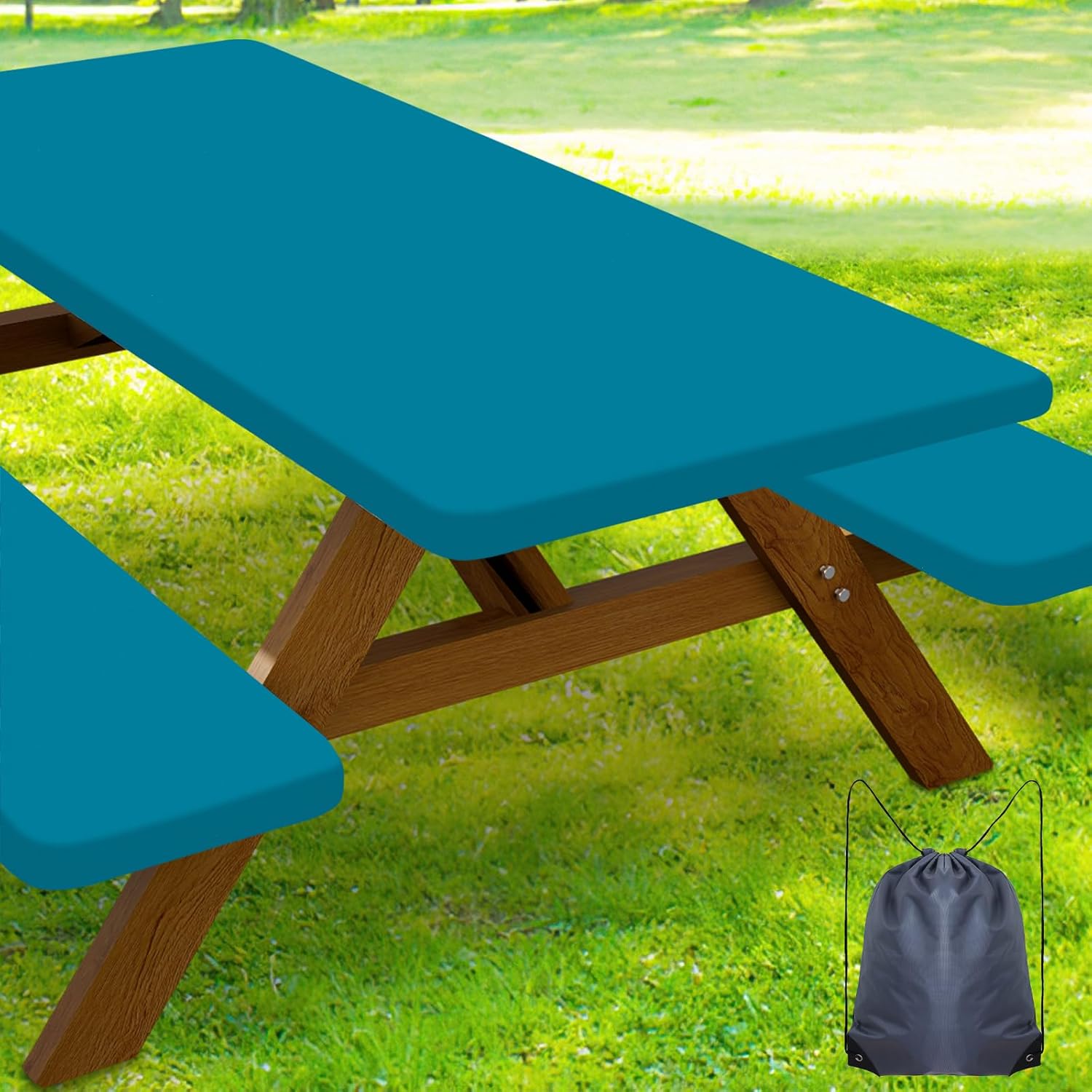 Smiry Picnic Table Cover with Bench Covers, Waterproof Elastic Fitted Polyester Tablecloths for 8 Ft Rectangle Tables, Washable Windproof Tablecloth for Camping, RV & Outdoor (Turquoise, 30x96 Inches)
