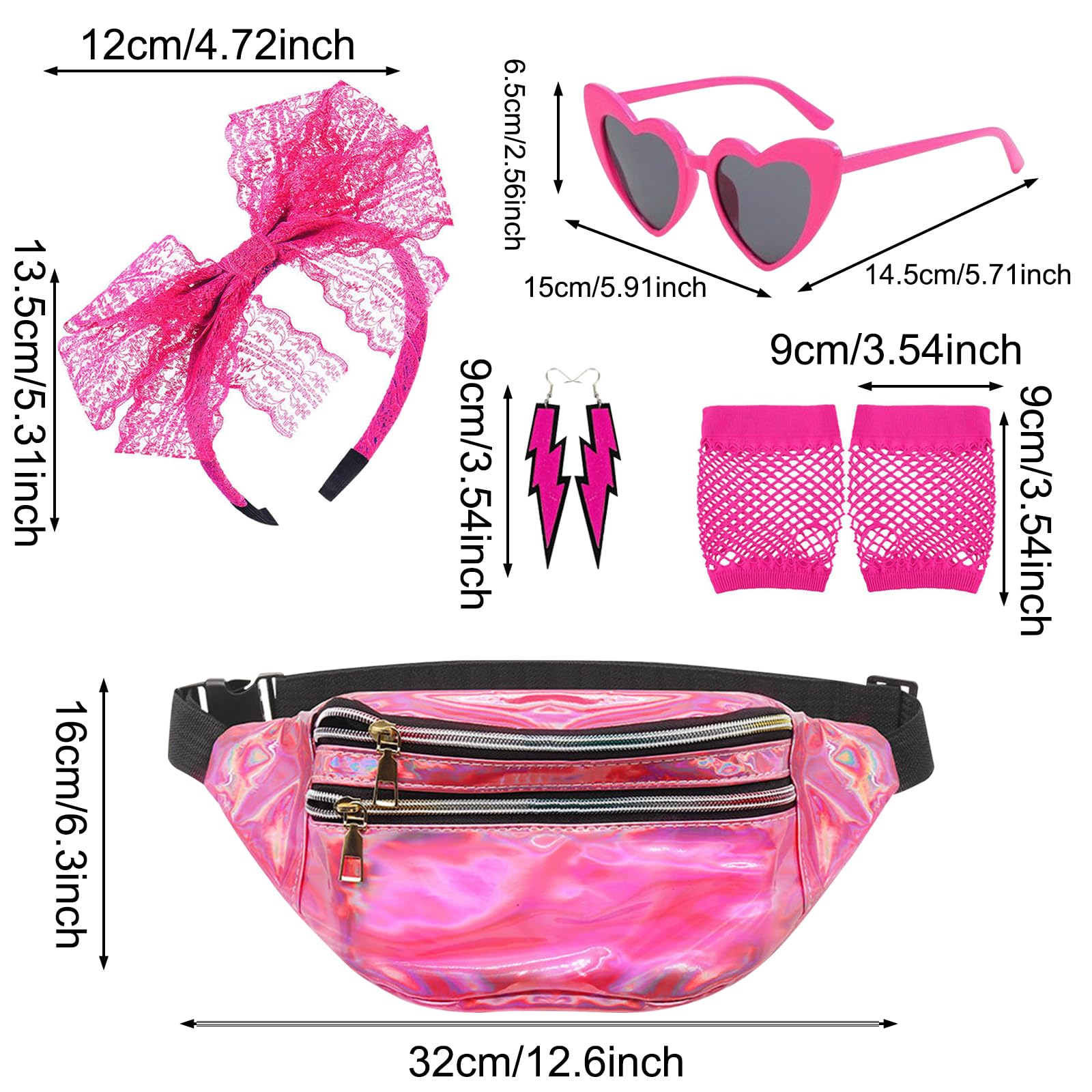 Accesorios Disfraz Años 80 Mujer, Guantes Rejilla Riñonera Gafas Corazón Retro Fiestas Neón Carnaval Halloween Rosa