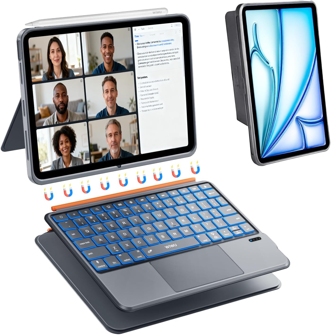 WIWU for iPad Case with Keyboard 11 Inch A16 10th Gen 3 in 1 Magnetic Detachable Keyboard Case Adjustable Stand Backlit Keys with Touchpad (Grey, for iPad 11/10/Air 5/4/11"(M2/M3) Pro 11" 4/3/2/1)