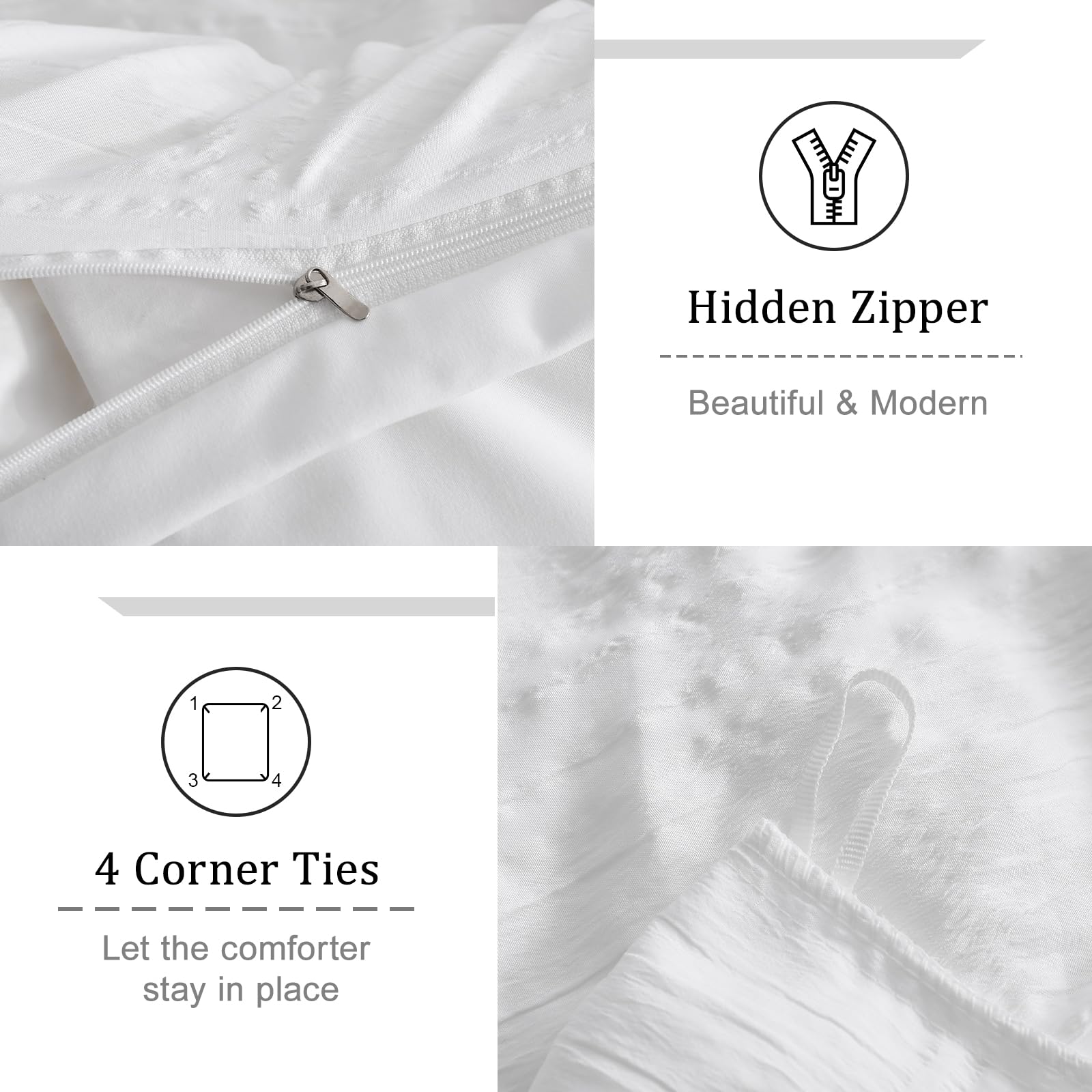 White Duvet Cover Queen Size, 3pcs Washed Microfiber Bedding