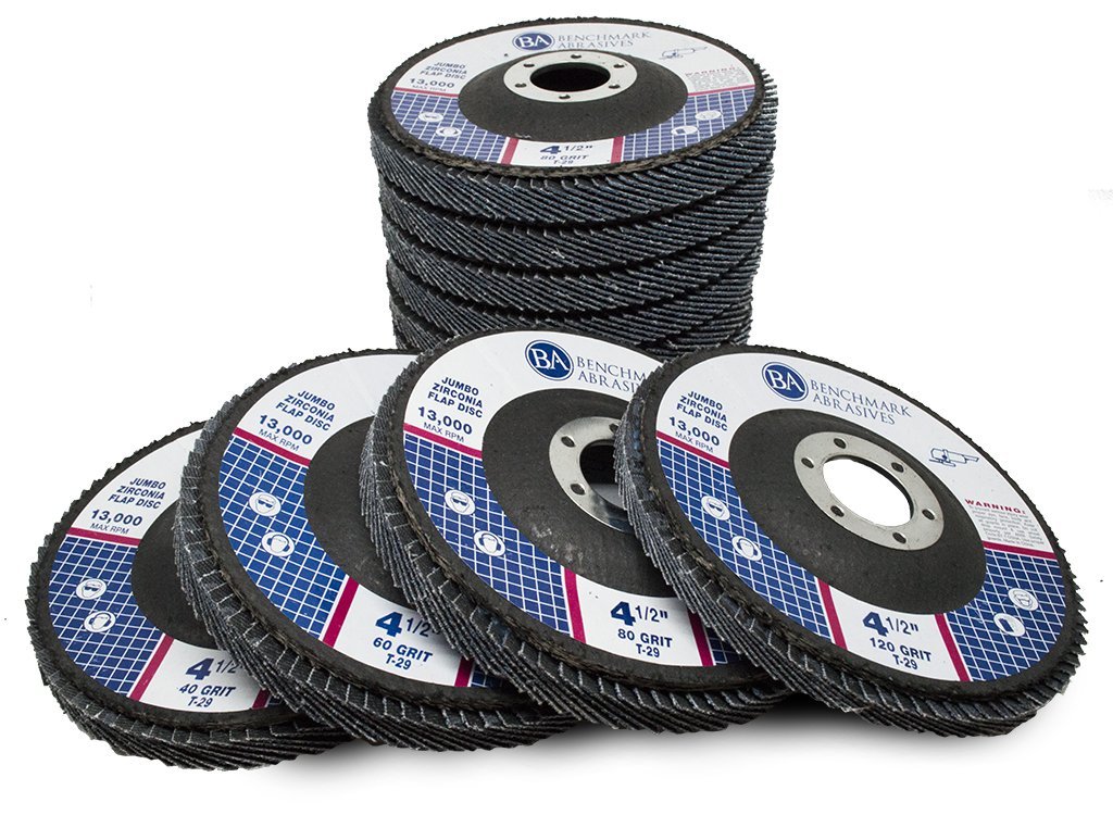 Benchmark Abrasives 4.5 x 7/8 Premium High Density Jumbo Zirconia Type 29 Flap Discs, Sanding Rust Removal Finishing Grinding Deburring Blending Abrasive Grinder Discs (100 Pack) - Mixed Grit Pack