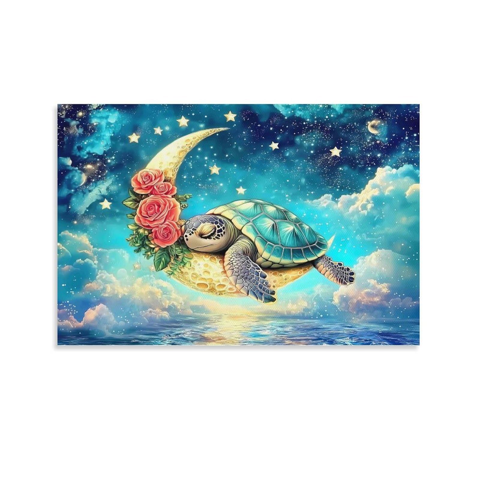 CPLVKWRQJ Sea Turtle Moon Star Single Turtle Napping on Flowered Crescent Moon Canvas Wall Decor - Kitchen Removable Wall Art Multi-Purpose Focal Point Decor 24x36inch(60x90cm)