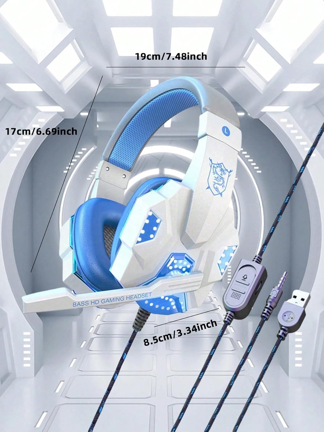 Bass HD Gaming Headset, Blue LED Lights, Breathable Mesh Ear Cups, 7.1 Surround Sound image 3 of 9 B0DNX87DG7