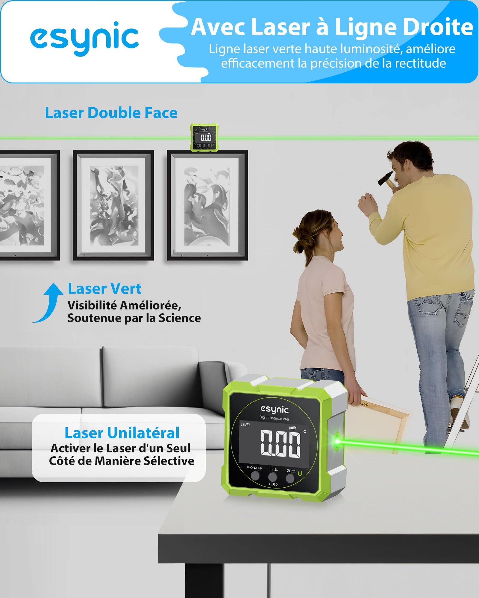 eSynic Inclinomètre Numérique avec Laser Vert 4 Faces Magnétiques Écran LCD VA Mesureur d'Angle Numérique 4*90° Réversible Réinitialisable Étanche IP54 Inclinomètre Magnétique pour Menuiserie Bâtiment