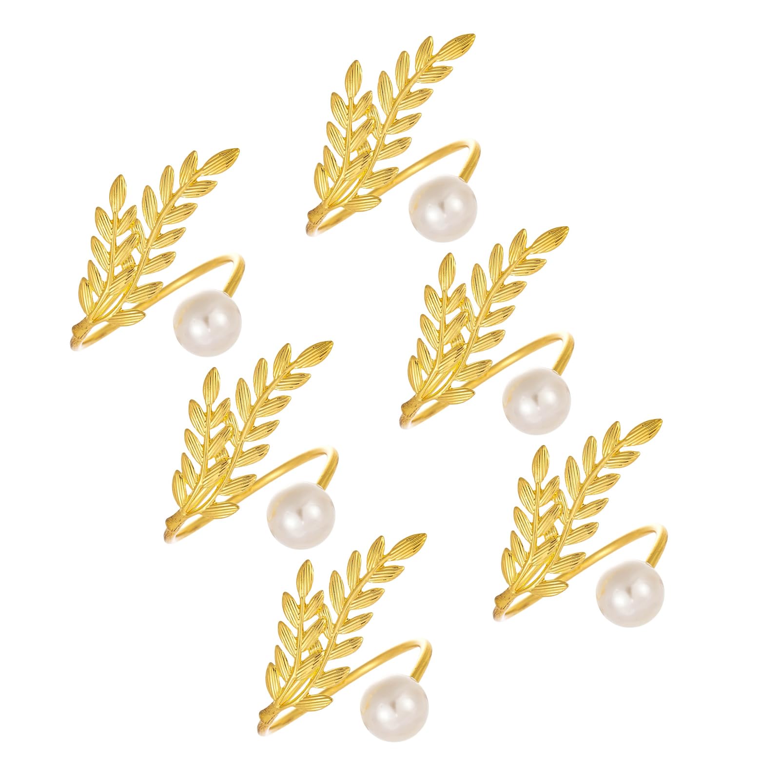 MALSSE Of 6 Elegant Metal Wheat Ear Shape Napkin Rings with Pearls Accent Tableware Accessory for Formal Dining and Event Metal Napkin Holders