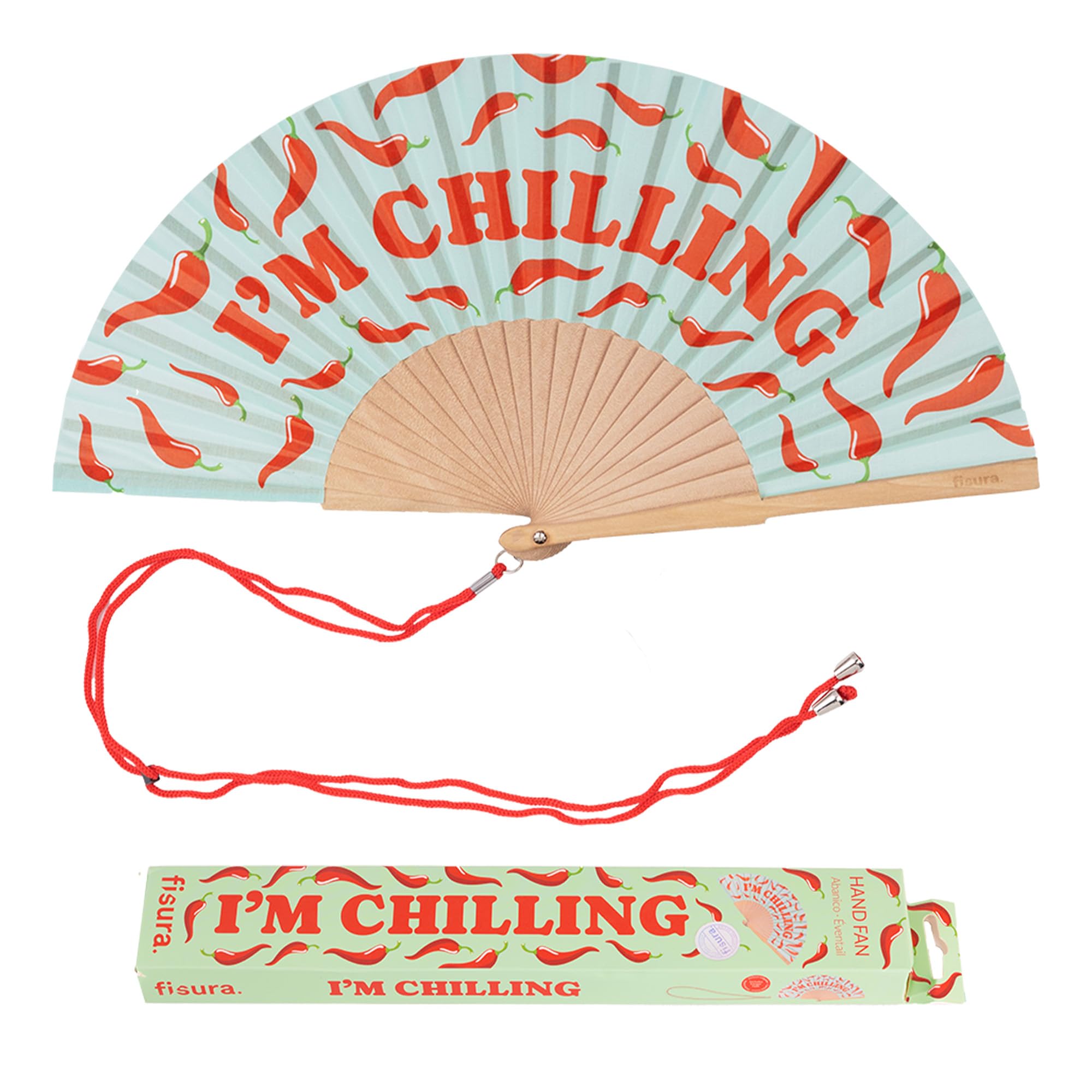 FISURA – Original Folding Handheld Fan with Fun Message “I´m Chilling”. Wooden Folding Fan for Women. Blue Design with Hanger for Wedding, Rave, Festival. Size: 42.5 x 23 cm