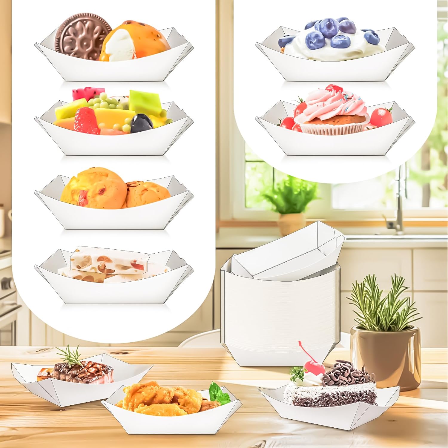 100 Pack 1/4 Lb Paper Food Boat Trays,White Disposable Small Paper Boats Plates Containers, 0.25Lb Mini Kraft Food Serving Boat Tray Bowls for Snack Fries Dessert Popcorn Sauce BBQ Taco Nacho