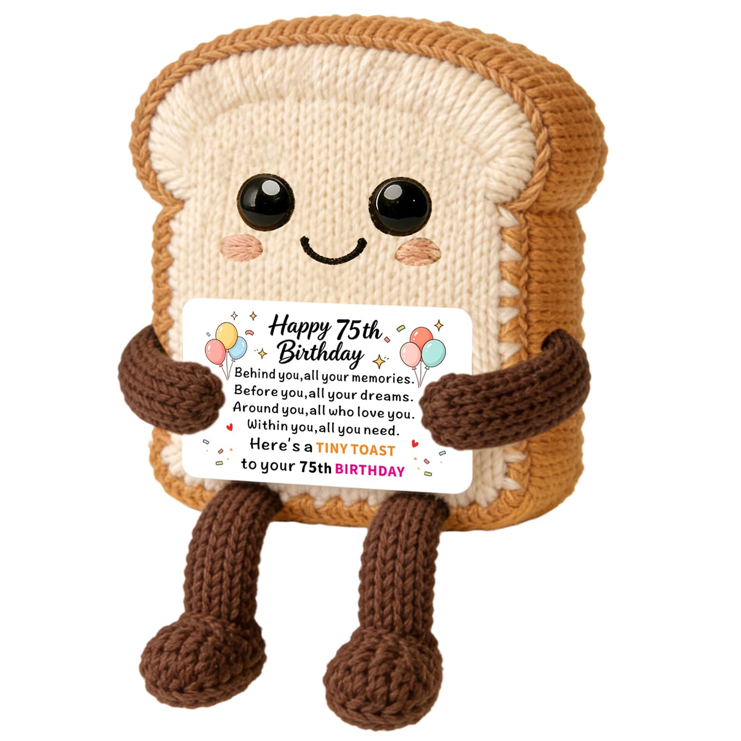 JMIMO 75th Birthday Gifts for Women Men,Cute Inspirational Handmade Emotional Support Crochet Toast With Card,Happy 75th Birthday Decorations for Mum,Dad,Sister,Nanny,Grandad Family