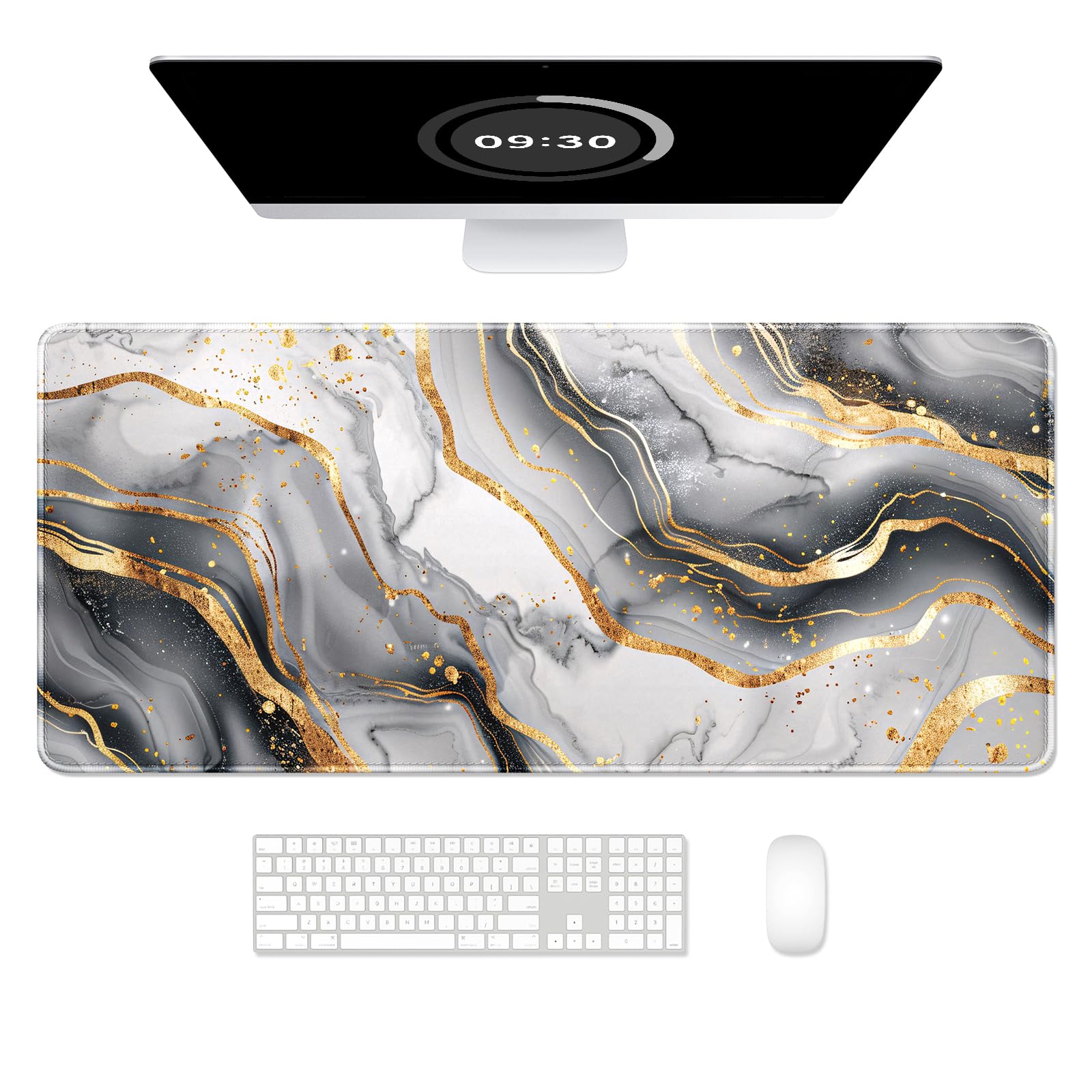 Auhoahsil Desk Mat, Ultra Large Mouse Pad, XXL Gaming Mousepad, Pretty Desk Pad, Big Extended Full Size Desktop Desk Matt for Keyboard, Laptop & Computer, 35.5 x 15.7 in, White Gray Marble