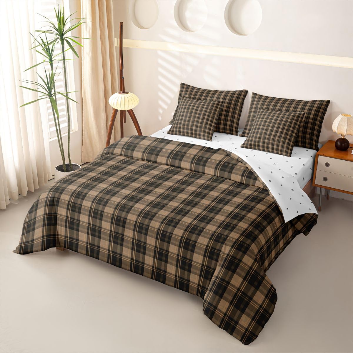 Loussiesd Borwn Green - Juego de funda de edredón con sábanas, 7 piezas, tamaño doble, cama en una bolsa, juego de ropa de cama para niños y niñas, decoración de dormitorio, transpirable, suave y
