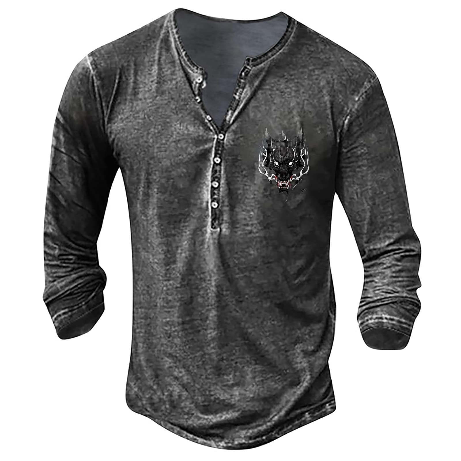 Men's Running Pullover Shirt,Ethnic Retro Printing Button Down Round Neck Running Pullover Shirt Classic Half Button Long-Sleeved Henley Shirts