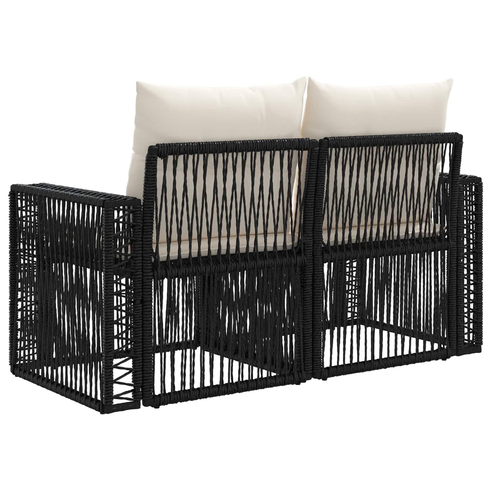 Set Divano da Giardino Modulare 2 Posti in Polyrattan Nero | Salotto modulare a 2 sedute con piedini regolabili per patio e terrazzo. Cuscini sfoderabili e lavabili inclusi.