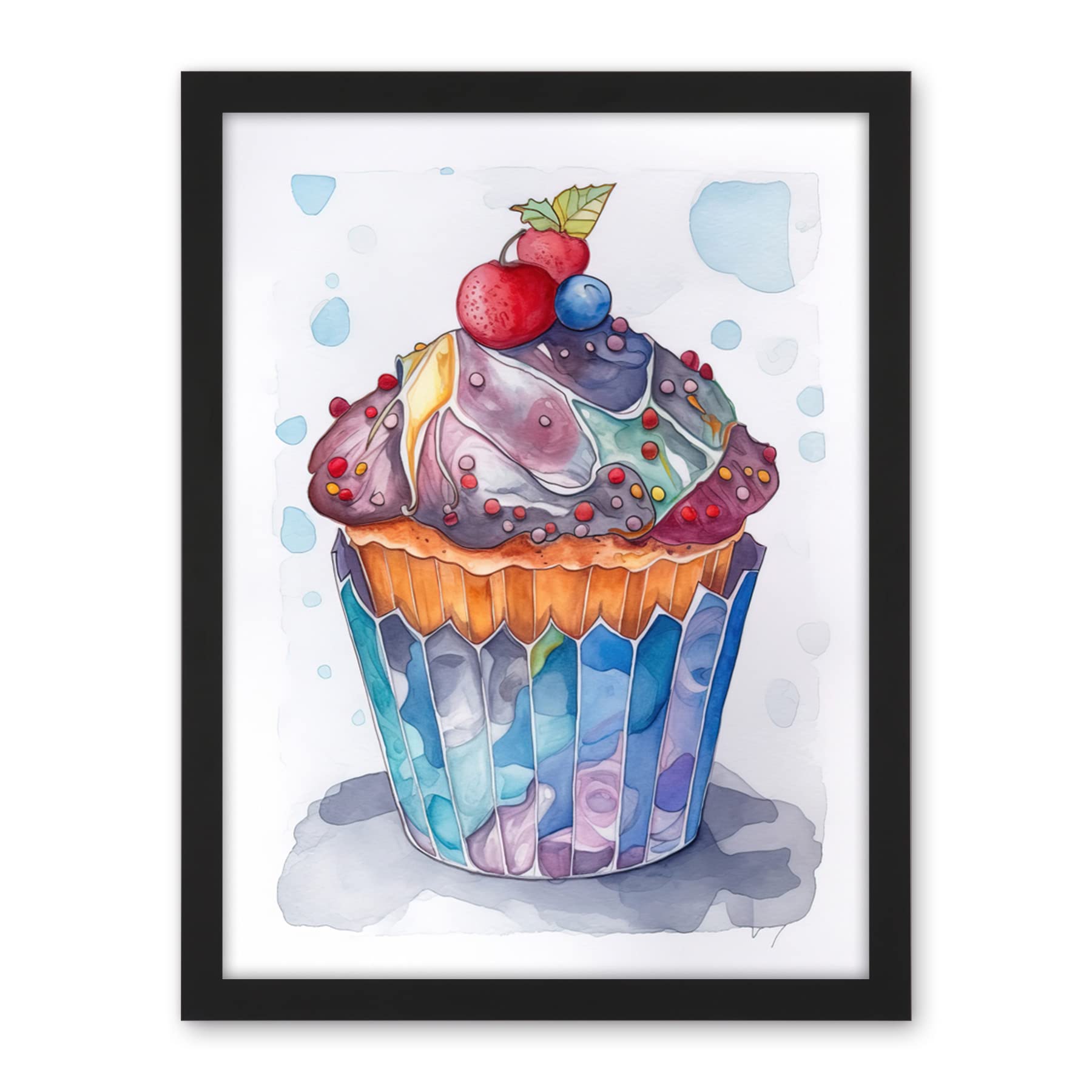 Artery8 Cupcake Icing With Fruit Folk Art Watercolour Painting Artwork Framed Wall Art Print 18X24 Inch