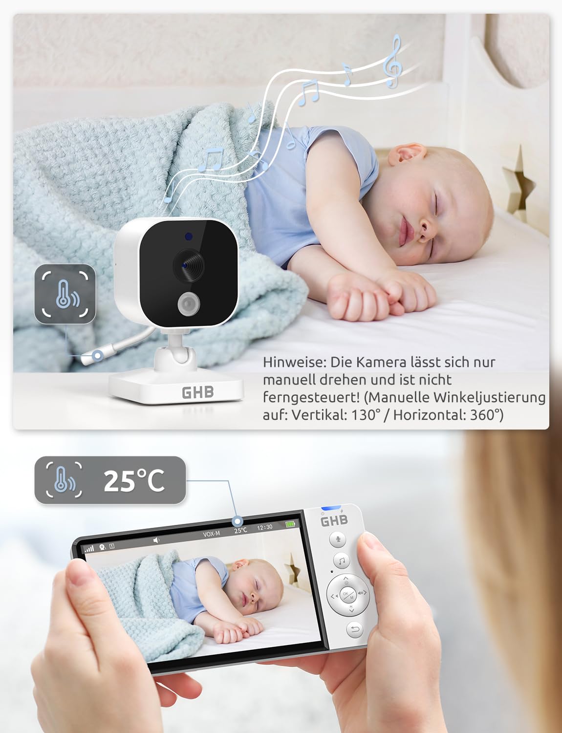GHB Babyphone mit Kamera 5 Zoll HD 5000mAh IPS-Display VOX-Modus 4X Zoom Nachtsicht Temperaturanzeige Zwei-Wege-Audio 720P Nicht drehbar