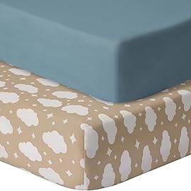GUNTAIL Pack and Play Sheets Fitted, 2 Pack Pack n Play Sheets for Graco Pack n Play Mattress, Unisex Playard Sheets for Boys Girls (Clouds & Dark Green)