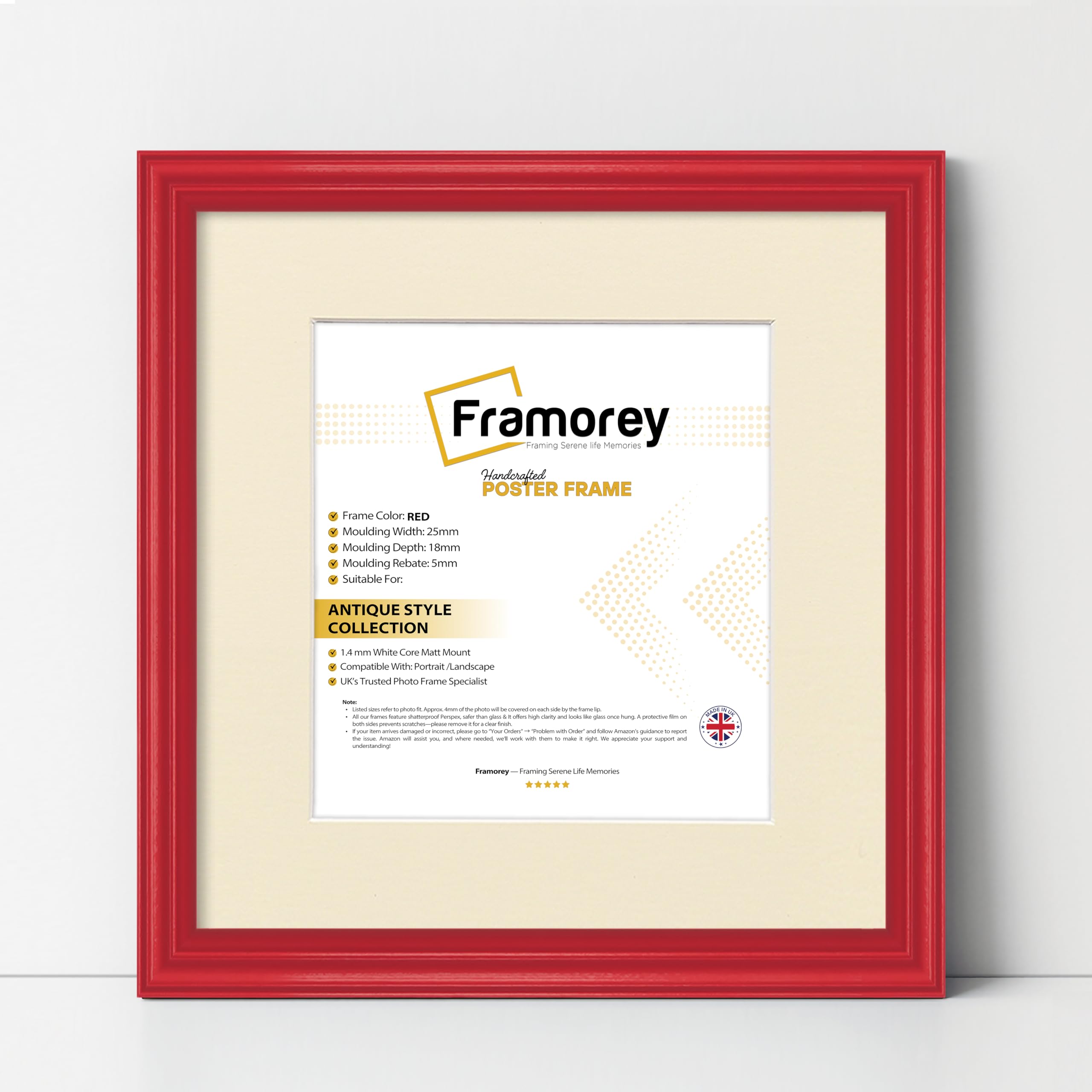 Framorey Framing Serene Life Memories Red With Ivory Mount Framorey Square Photo Frames, 10X10" Size Red Picture Frame With 8X8" Size Ivory Mount, Lw Antique Style Home Wall Decor Frames, Wall Hanging Art Poster Frames, Mdf Wood Frames