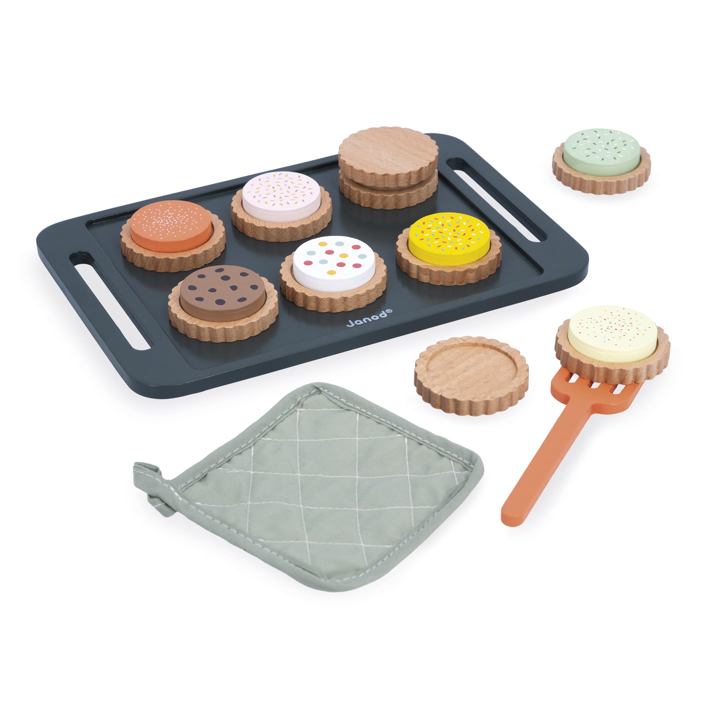 Janod - Wooden Biscuit Workshop - Pastry Kit - Biscuit Tray with Glove and Spatula - Imitation Toy for Children - Ideal Kitchen Accessories for Children - From 3 years - J06643