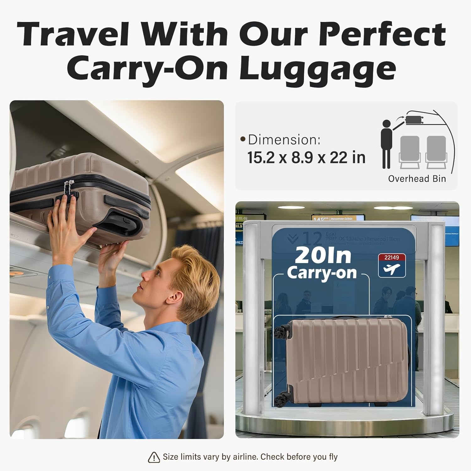 Coolife Carry On Luggage Airline Approved with Spinner Wheels, Hard Shell Suitcase TSA Lock Lightweight Travel Luggage 20-inch,Brown - Image 2