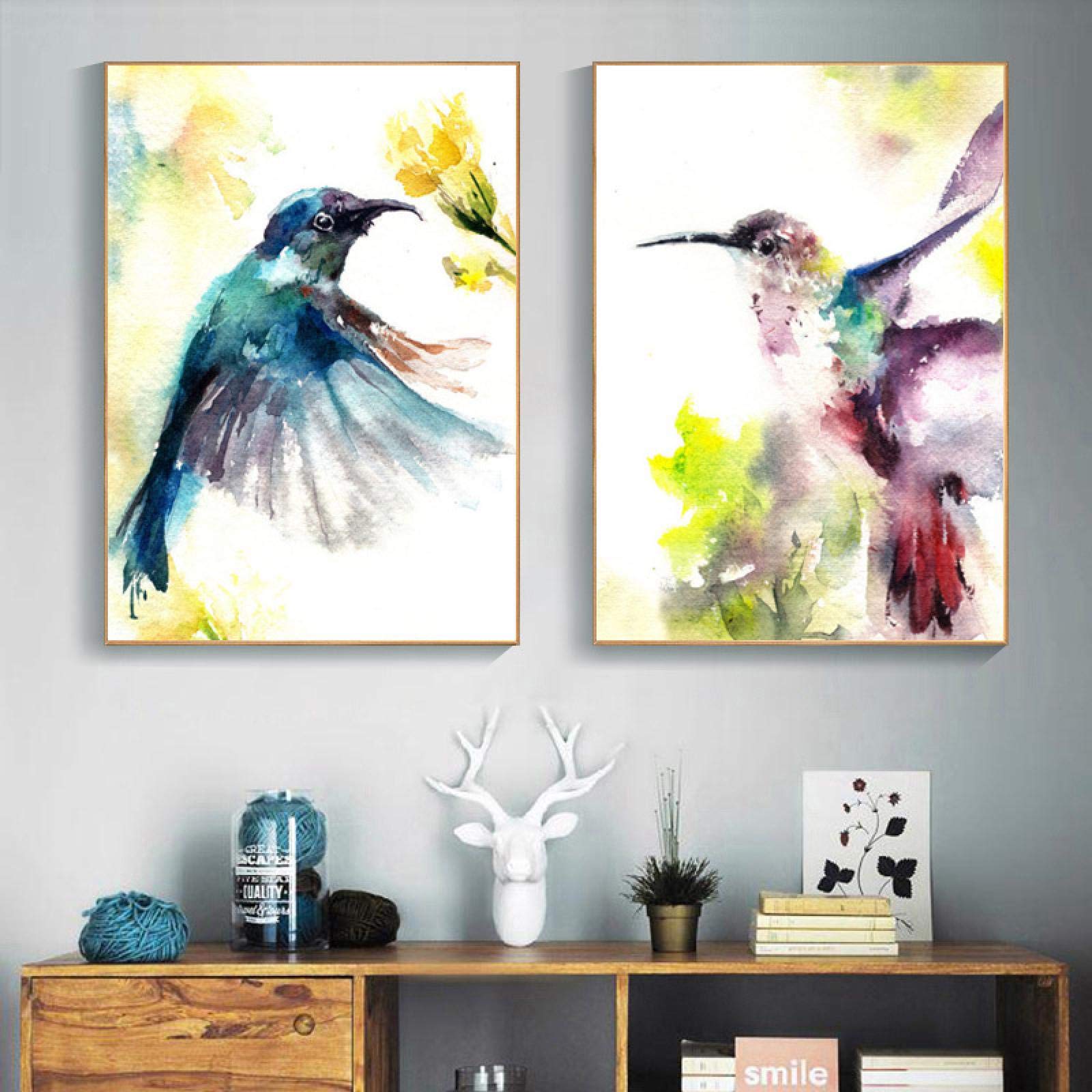 Acuarela Colibrí Animal Pósteres e impresiones Lienzo Pintura Pájaro Pintura Arte de la pared Cuadros para niños Sala de estar 30x45cm (12x18in) x2 con marco
