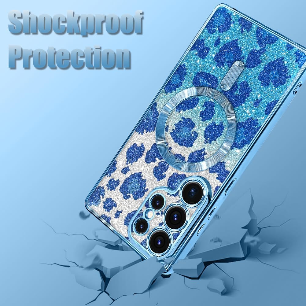 Case Fit for Samsung Galaxy S26 Ultra 6.9 Inch [Compatible with MagSafe] Glitter Bling Case [2 Pieces of Leopard Print Design] Soft TPU Shockproof Anti-Scratch Phone Cover for Women - Blue