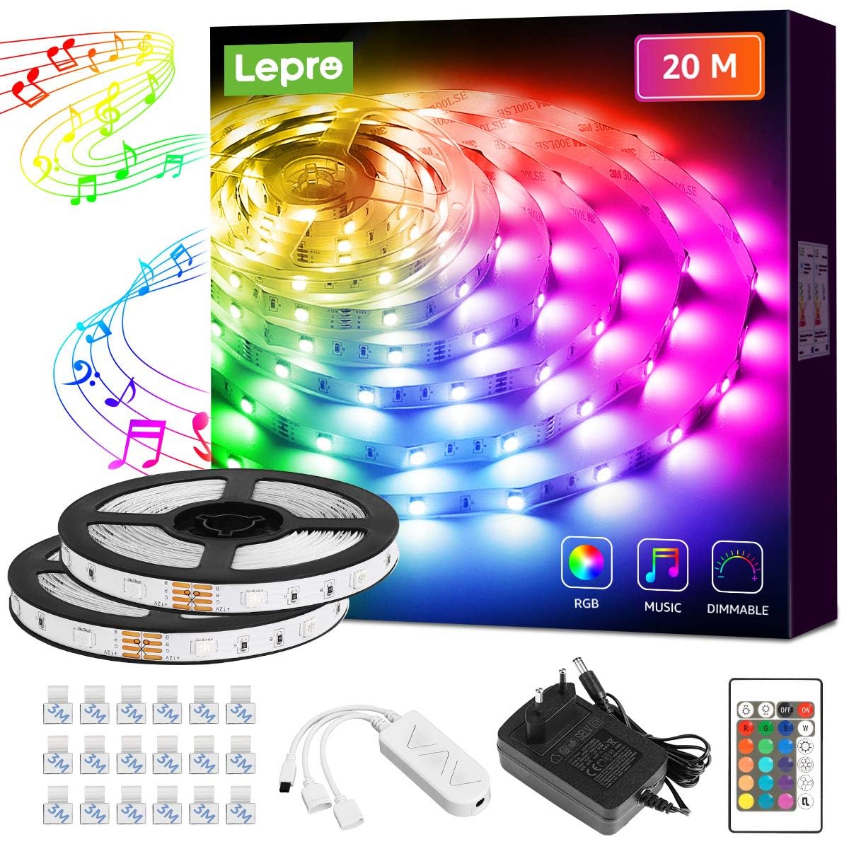Lepro LED Strip 20M(2x10M), LED Streifen Musik Lichterkette mit Fernbedienung, Band Lichter, RGB Dimmbar Lichtleiste Light, Lichtband Leiste, Bunt Kette für Party Weihnachten Deko