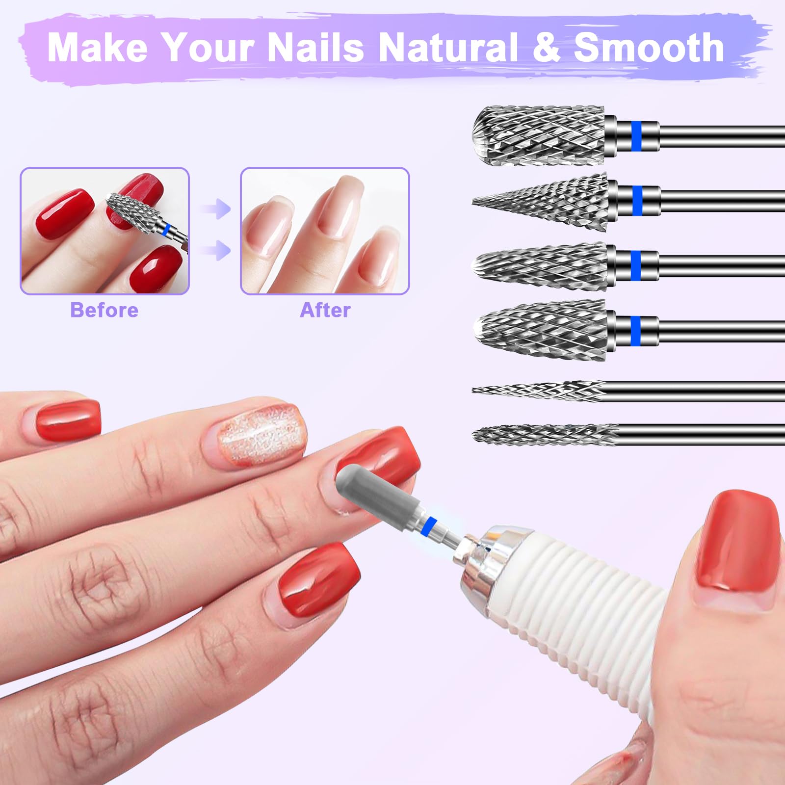 CGBE Punte Fresa Unghie, 6 Pezzi Fresa per Unghie Allegati Teste di Rettifica Macchina in Carburo per Manicure Rimuovere Acrilico o Gel duro Polygel, 3/32 Pollici Punte Fresa Unghie Professionale.