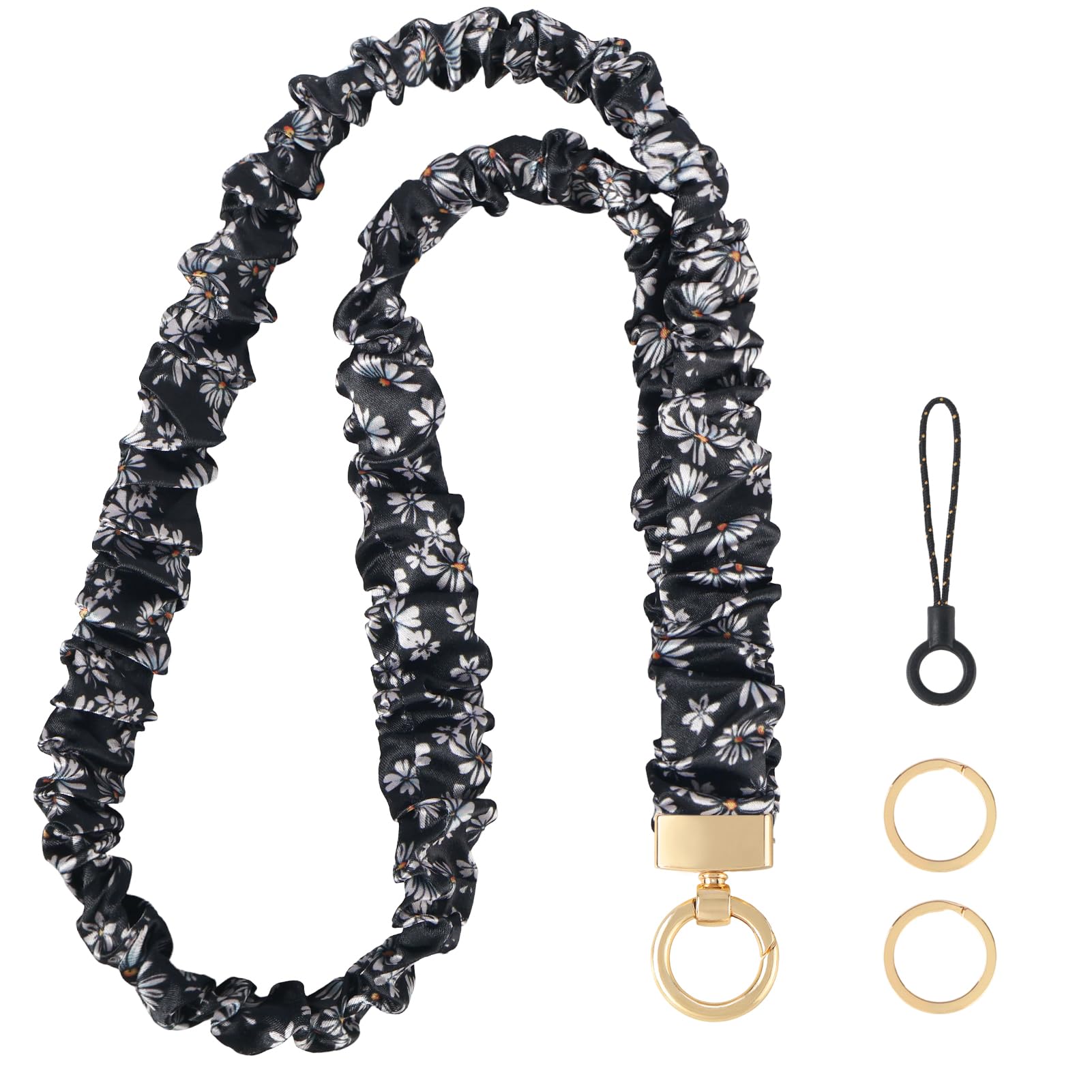 Knagsfa Stretchy Lanyard, Cute Neck Badge Lanyard for Women, Retractable Scrunchie Lanyard for Keys, Wallet, ID Badges, Cell Phone, Black Daisies