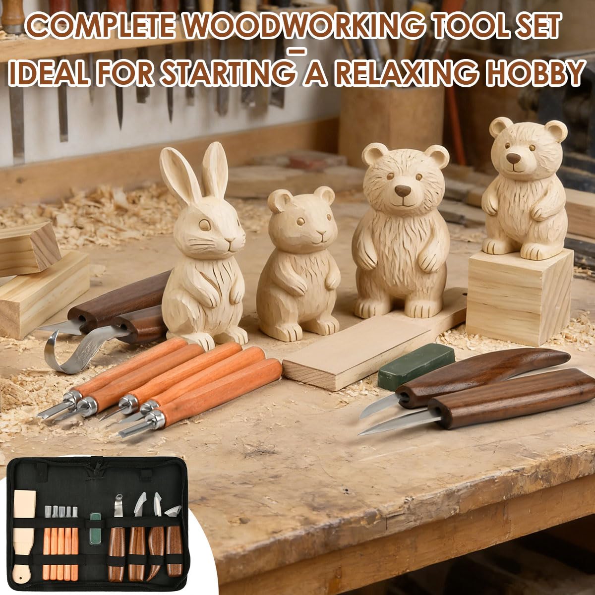 23pcs Kit Sculpture Bois, Kit de Sculpture Sur Bois avec 5 Couteaux à Détails, 4 Couteaux à Sculpter, 9 Bois à Sculpter, Pâte à Polir, Gants, Sac PU, Kit Sculpture Sur Bois, pour débutants&pros