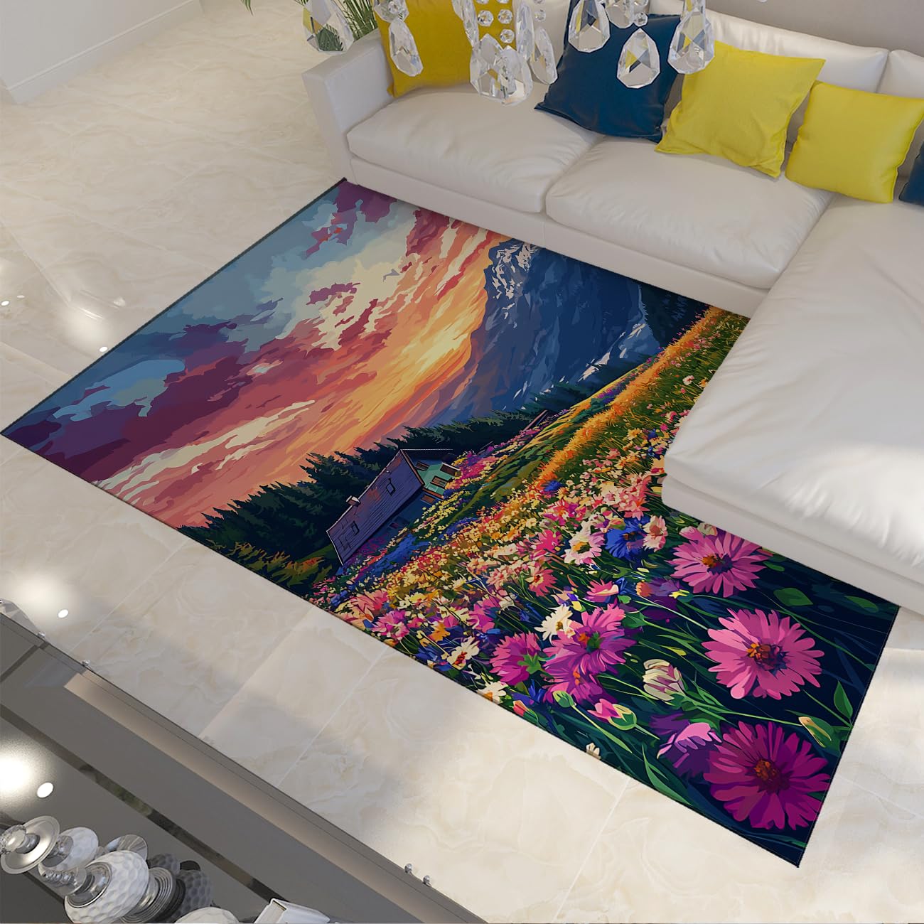 Tapis de Champ Fleurs Marguerites Plantes Naturelles Tapis antidérapant Montagne Coucher de Soleil Paysage Peinture paysagère Art Tapis de Sol intérieur Tapis pour Salon Chambre 160x200cm