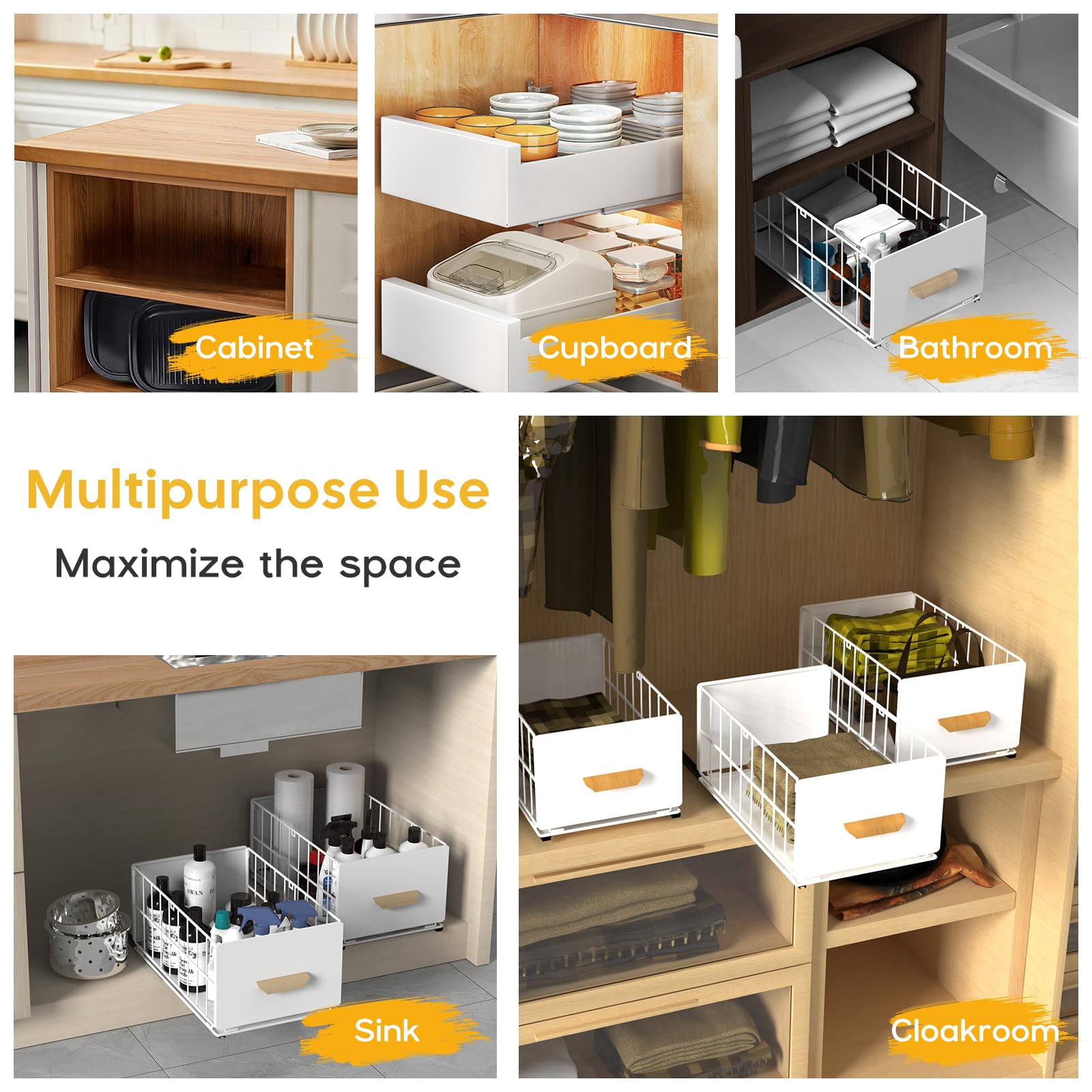 Pull Out Cabinet Organizer Heavy Duty Slide Out Drawers Cabinet Basket No Drilling Metal Storage Basket with Handle for Kitchen Bathroom Cloakroom