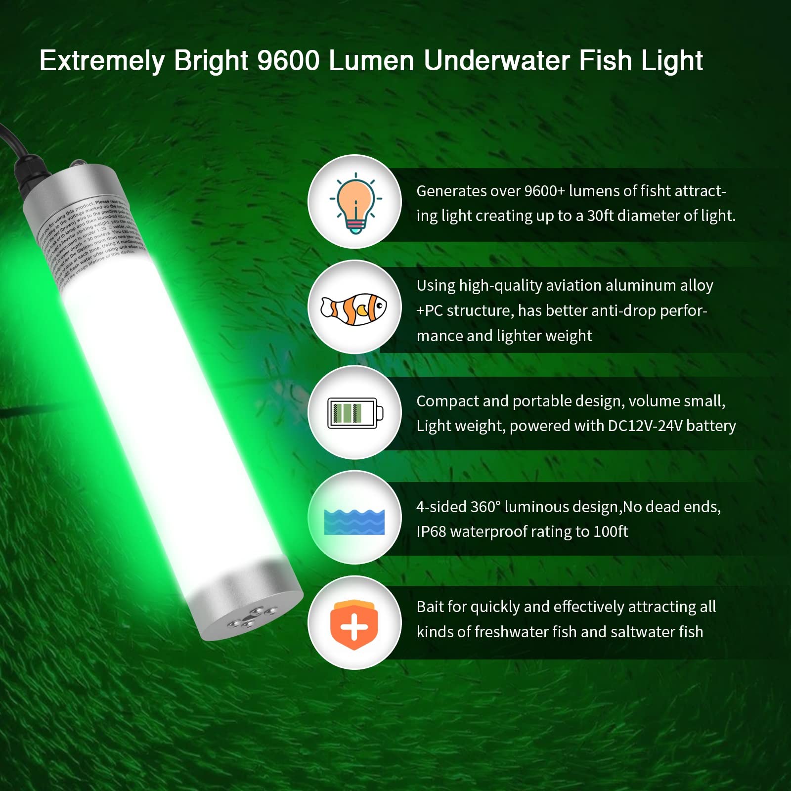 Luz de pesca submarina superbrillante de 80W 9600 lúmenes, impermeable IP68, alliage d'aluminium durable, para pesca nocturna, señuelo y cebo para barco, kayak y muelle (luz verde)