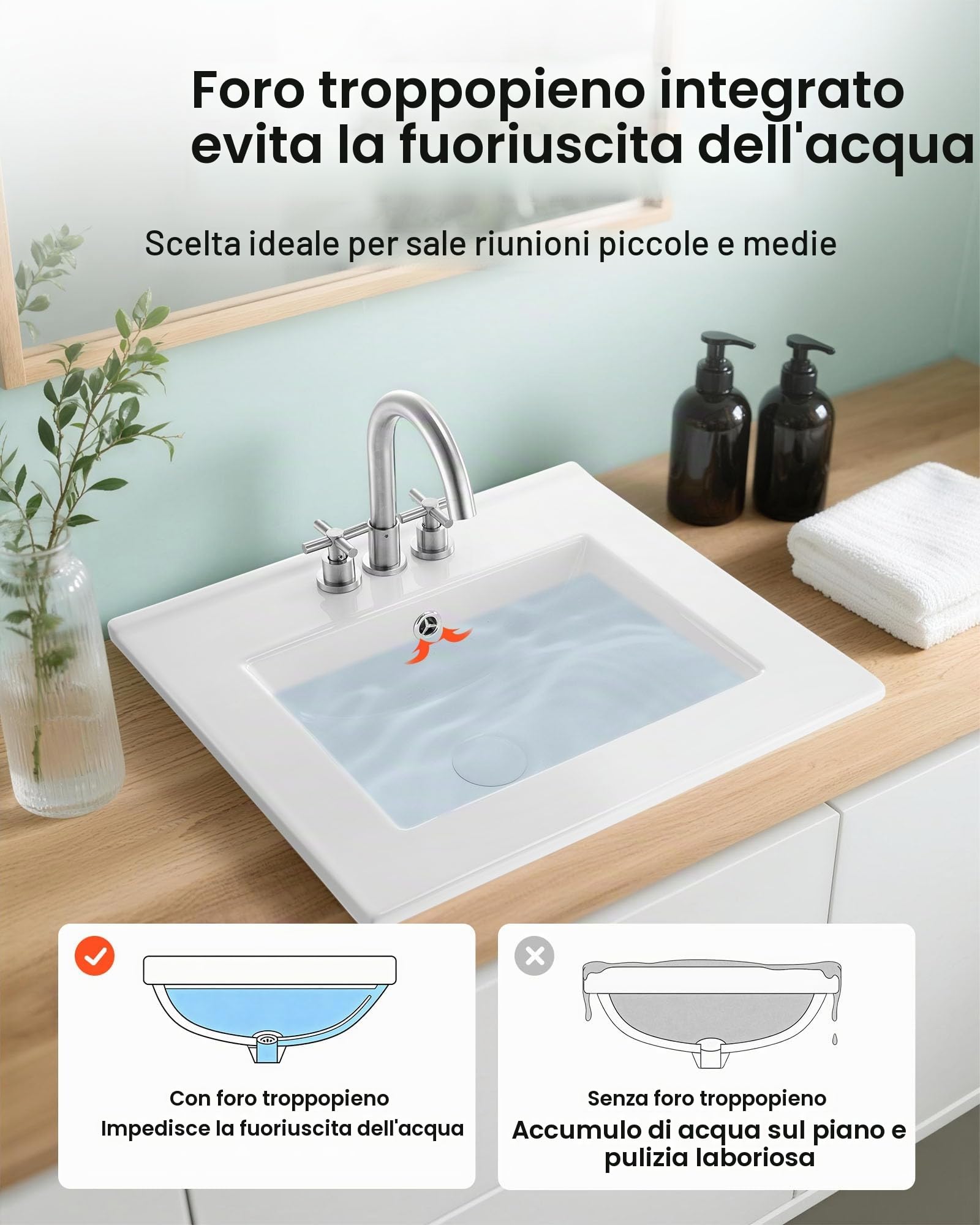 VEVOR Lavabo Semi Incasso in Ceramica da Appoggio 510 x 465 mm con 3 Fori Preforati, Lavabo Moderno per Cucina Bagno nel Piano di Lavoro, Foro del Rubinetto 35 mm, Lavello Bianco
